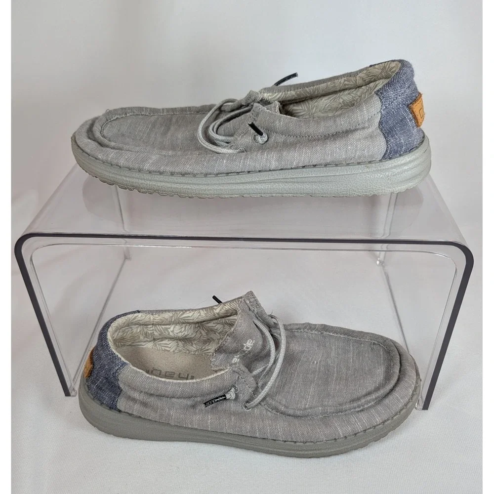 Hey Dude Wally Youth Grey Blue Linen Slip On Loafers Shoes Kids Size 6